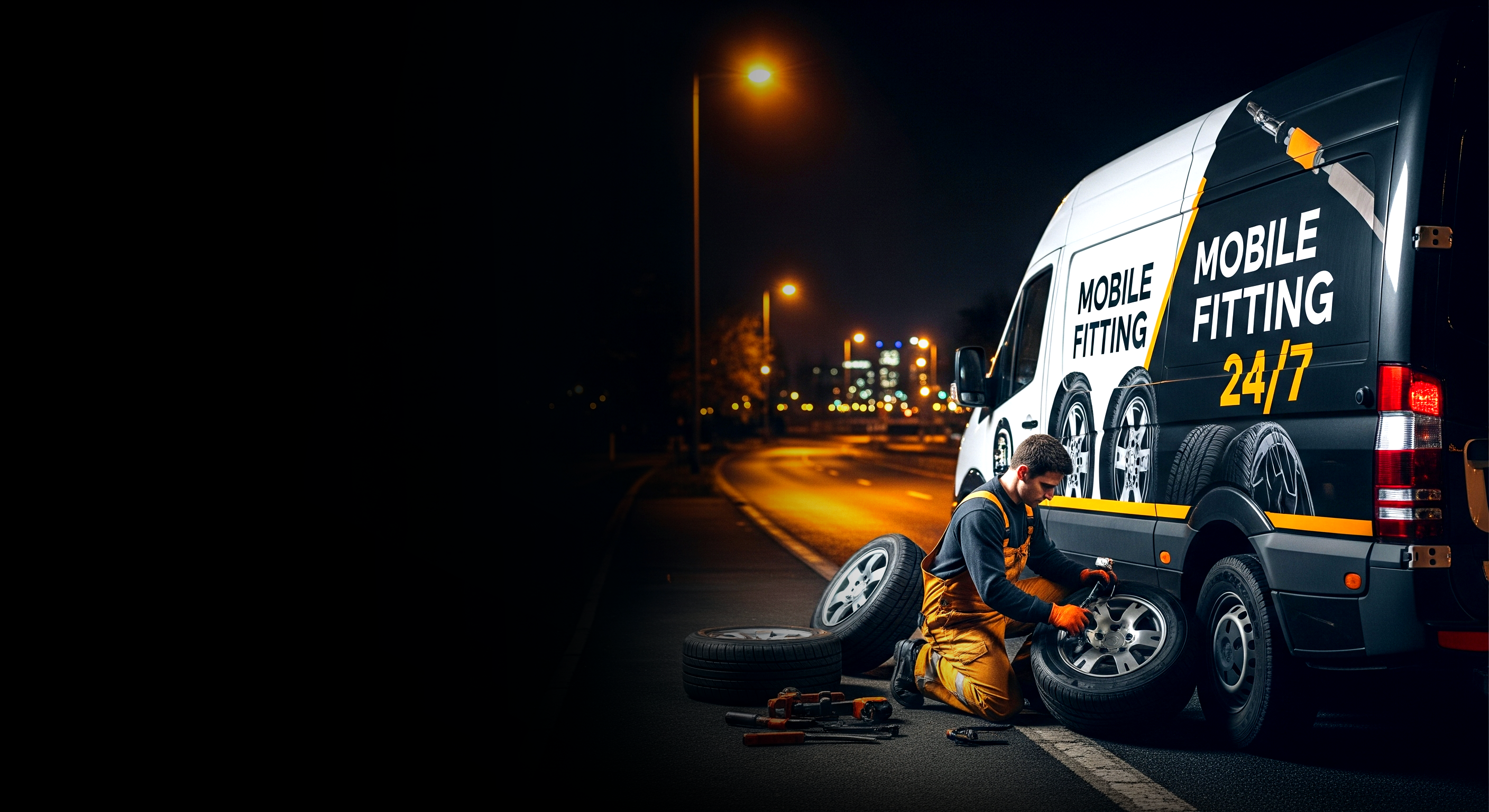 Mechanic changing a car tyre on the roadside at night
